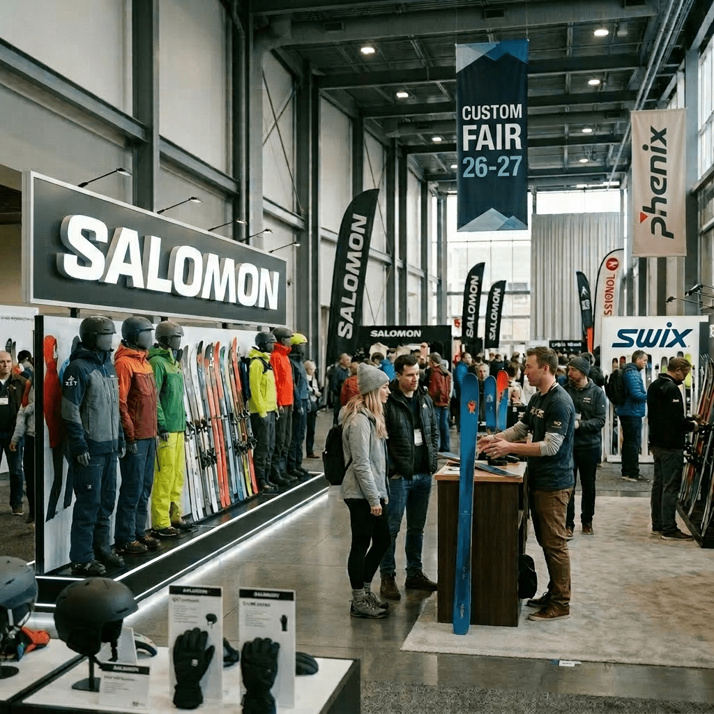 Booth showcasing 2024 ski jackets and skis with people discussing products