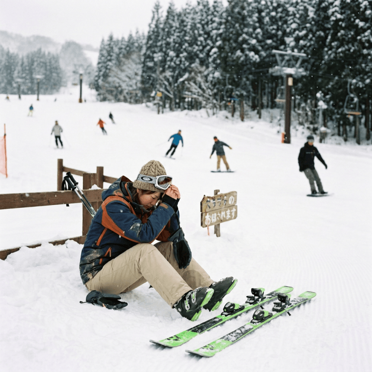 Snowboarder sitting in snow beside skis on a busy forested slope
