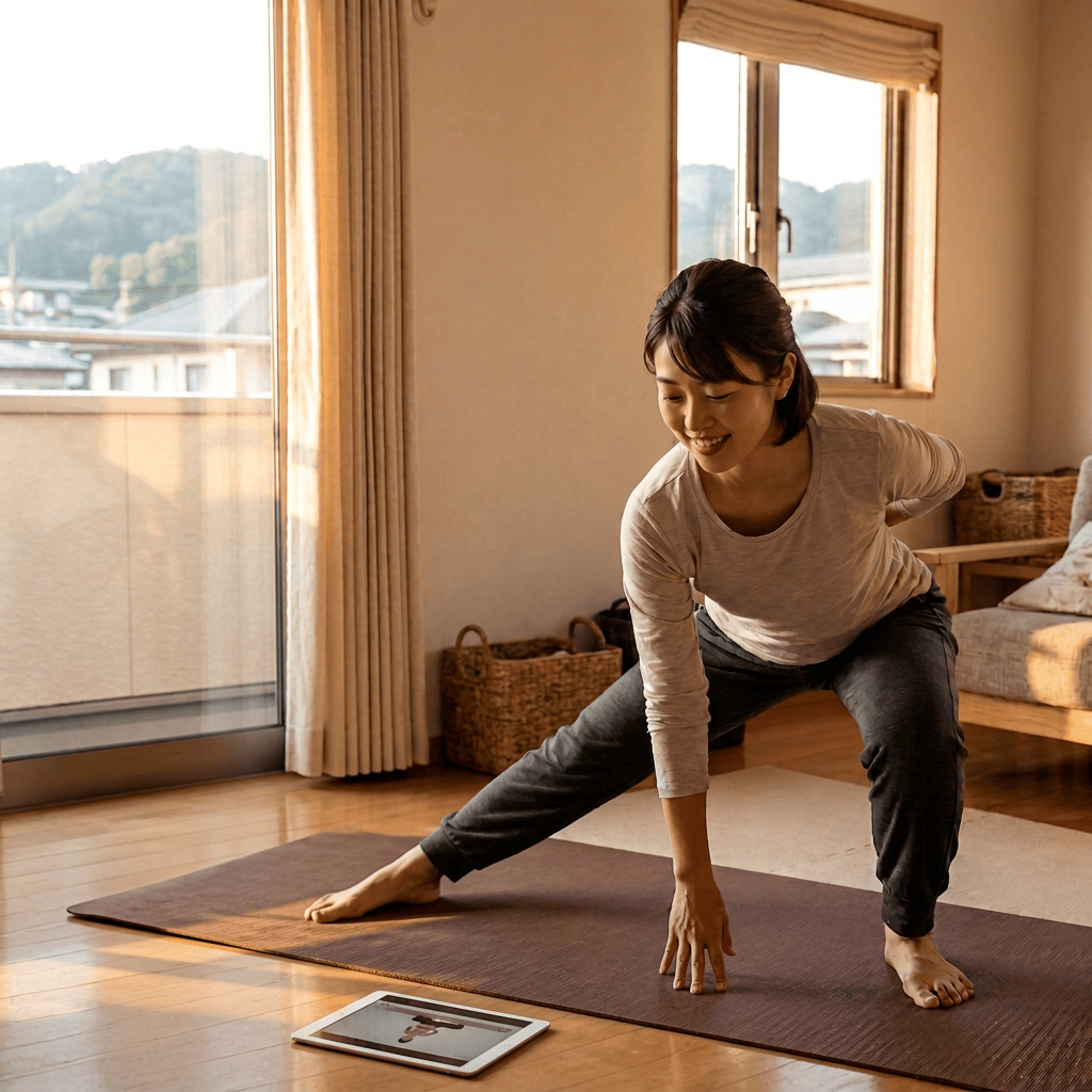Woman following an online stretching class on a tablet